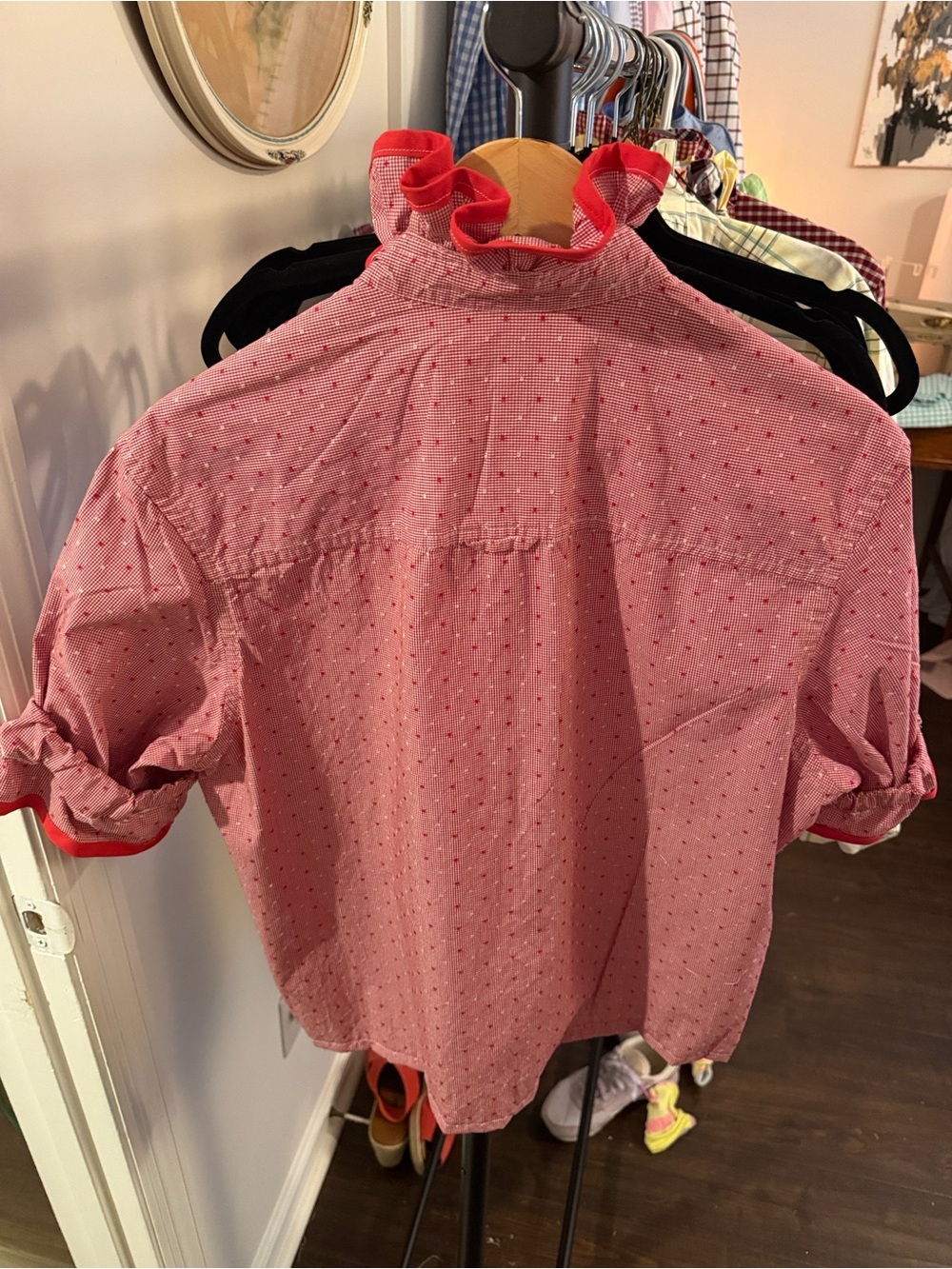 Club Room Upcycled Red Short-Sleeve Button-Down Shirt with Ruffle Collar - Picture 5 of 5